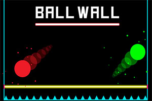 Czarne tło z napisem BALL WALL na górze, czerwoną i zieloną kulą z efektem śladu oraz kolorową linią na dole
