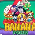 Ilustracja przedstawia kolorowe postacie z kreskówek, takie jak burger, maska i fantazyjnie ubrane stworzenia, na tle zielonego stołu pokerowego z kartami do gry oraz napis Banana Poker