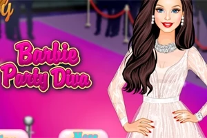 Kobieta w eleganckiej, białej sukience z długimi falującymi włosami, stojąca na różowym tle z napisem Barbie Party Diva