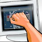 Ręka uderzająca w ekran monitora komputerowego, tworząc pęknięcia na ekranie