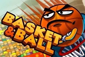 Piłka do koszykówki z twarzą i grymaszącym wyrazem, obok napis BASKET & BALL na tle stylizowanego kosza oraz rozmytego tłumu