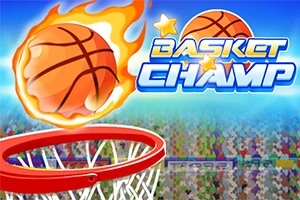 Płonąca piłka do koszykówki zbliżająca się do obręczy na tle tłumu, z napisem „Basket Champ” u góry