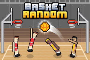 Pixelowa grafika przedstawiająca dwóch graczy w czerwonych strojach i dwóch graczy w żółtych na boisku do koszykówki, z dużym pikselowym napisem BASKET RANDOM u góry