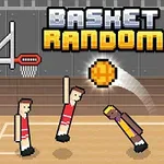 Pixelowa grafika przedstawiająca dwóch graczy w czerwonych strojach i dwóch graczy w żółtych na boisku do koszykówki, z dużym pikselowym napisem BASKET RANDOM u góry