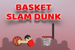 Grafika z kreskówkową postacią wykonującą slam dunk do kosza, z dużym napisem BASKET SLAM DUNK na górze