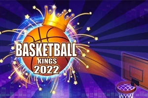 Koszykarska piłka z koroną i napisem Basketball Kings 2022 na tle kosza i promieni świetlnych