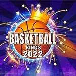 Koszykarska piłka z koroną i napisem Basketball Kings 2022 na tle kosza i promieni świetlnych