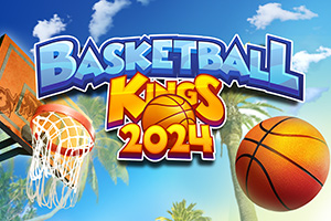 Napis Basketball Kings 2024 z piłką do koszykówki, obręcz z siatką i palma na tle nieba