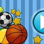 Różne piłki sportowe i gwiazdki na tle poziomych niebieskich pasków z dużym przyciskiem odtwarzania po prawej stronie