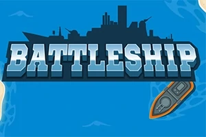 Napis BATTLESHIP na tle sylwetki okrętu wojennego z małą łódką w prawym dolnym rogu na niebieskim tle