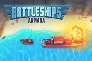 Dwa statki na morzu, gdzie jeden z nich eksploduje, z napisem BATTLESHIPS ARMADA u góry