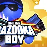 Niebieska postać w okularach przeciwsłonecznych trzyma broń, z napisem Online Bazooka Boy na pierwszym planie