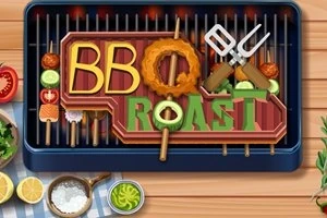 Grill z warzywami i kiełbaskami ułożonymi w napisy BBQ oraz ROAST na deskach z przyprawami i ziołami obok