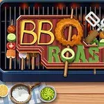 Grill z warzywami i kiełbaskami ułożonymi w napisy BBQ oraz ROAST na deskach z przyprawami i ziołami obok