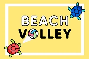 Napis Beach Volley z kolorową piłką zamiast litery O oraz czerwona i niebieska żółwie na żółtym tle
