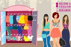 Trzy postacie kobiece stoją obok otwartej szafy z kolorowymi ubraniami, obok napis Become a Fashion Designer