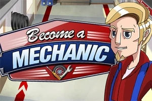 Blondyn z kreskówki w czerwonej koszuli obok napisu Become a Mechanic na tle warsztatu samochodowego