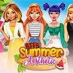 Sześć stylowo ubranych postaci kobiecych w letnich strojach na tle plaży z jasno kolorowym napisem BFFs Summer Aesthetic