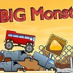 Czerwony autobus terenowy jedzie po stosie złomowanych samochodów na tle pomarańczowego nieba i ogrodzenia z napisem BIG Monsters!