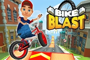 Chłopiec w czerwonej czapce jeżdżący na rowerze BMX po kolorowych ulicach miasta z logo BIKE BLAST
