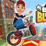 Chłopiec w czerwonej czapce jeżdżący na rowerze BMX po kolorowych ulicach miasta z logo BIKE BLAST
