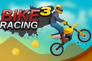 Motor w żółtym kolorze z motocyklistą w kasku na tle wzgórz i monet, z napisem Bike Racing 3