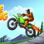 Motocyklista w pomarańczowym kombinezonie skaczący na zielonym motocyklu z rampy na tle górskiego krajobrazu i napisu Bike Racing