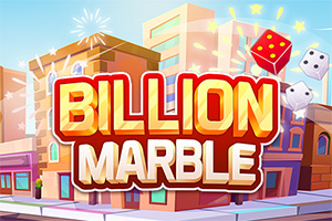 Kolorowa ilustracja przedstawiająca napisy Billion Marble na tle miejskich budynków z unoszącymi się kostkami do gry