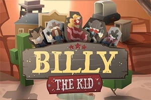 Napis Billy The Kid na tle kreskówkowego Dzikiego Zachodu z postaciami kowbojów i westernowym krajobrazem