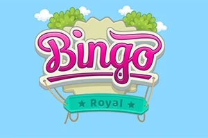 Napis Bingo w stylu kreskówkowym z zielonymi krzakami i chmurkami w tle, na niebieskim tle z napisem Royal na zielonej wstążce