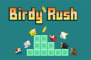 Kolorowe postacie przypominające ptaki skaczące wokół stosu zielonych skrzynek z napisem Birdy Rush na górze