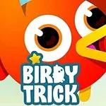 Pomarańczowy, kreskówkowy ptak z dużymi oczami i żółtym dziobem na jasnym tle z napisem Birdy Trick