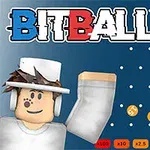 Postać z kreskówki w białym ubraniu na tle niebieskiej ściany z białymi kropkami oraz napisem BITBALL w górnej części obrazu