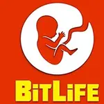 Logo z czerwoną sylwetką płodu na białym tle, z żółtym napisem BitLife na dole