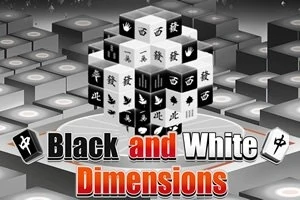 Trójwymiarowy czarno-biały układ sześcianów z symbolami na tle wzorów prostokątów i tekstem Black and White Dimensions