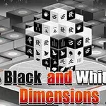 Trójwymiarowy czarno-biały układ sześcianów z symbolami na tle wzorów prostokątów i tekstem Black and White Dimensions