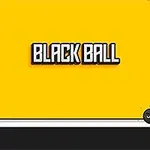 Czarno-biała kulka z oczami na tle żółtego ekranu z napisem BLACK BALL na środku