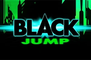 Czarny napis BLACK JUMP na zielonym tle z zarysami budynków w tle