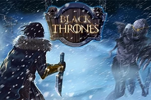 Postać z mieczem w ręku w zimowym krajobrazie, stojąca naprzeciwko przerażającej istoty, z logo BLACK THRONES na górze