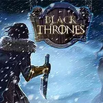 Postać z mieczem w ręku w zimowym krajobrazie, stojąca naprzeciwko przerażającej istoty, z logo BLACK THRONES na górze