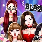 Cztery stylizowane postacie kobiece na tle sceny z kolorowymi światłami i napisem BLACKPINK