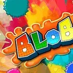 Kolorowy napis BLOBS na tle rozmazanych plam farby w różnych barwach