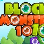 Kolorowy napis BLOCK MONSTERS 1010 z kreskówkowymi oczami na tle zielonych wzgórz