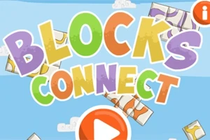 Kolorowy napis Blocks Connect na tle nieba z chmurkami i rozsypanymi blokami, z dużym przyciskiem odtwarzania pośrodku