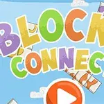 Kolorowy napis Blocks Connect na tle nieba z chmurkami i rozsypanymi blokami, z dużym przyciskiem odtwarzania pośrodku