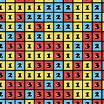 Blocks123 Kolorowy wzór składający się z kwadratów z liczbami 1, 2 i 3 na żółtym, niebieskim i czerwonym tle