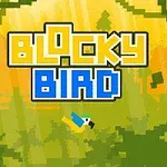 Pikselowy ptak na tle zielonych liści i żółtego nieba z tytułem Blocky Bird