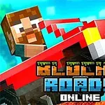 Postać w stylu pikselowym prowadząca czerwony samochód z logo Blocky Roads Online na niebieskim tle