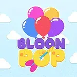 Kolorowe balony unoszące się na tle błękitnego nieba z chmurami, z napisem Bloon Pop poniżej