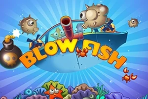Dwa kolczaste ryby w pobliżu statku z działem, otoczone podwodnym światem z kolorowym napisem Blow Fish